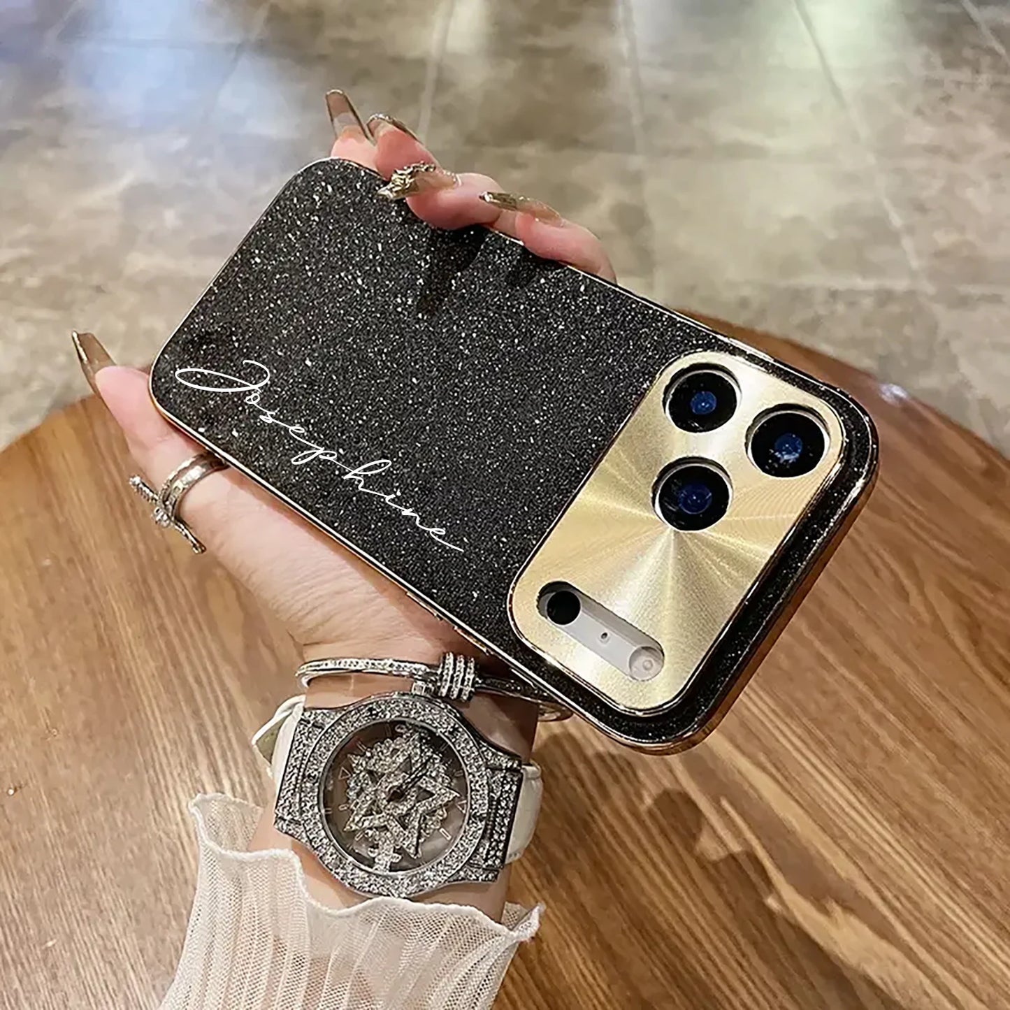 【カスタムシリーズ】ラメグリッター 名入れ スマホケース 縦書き｜iPhone対応 #240716