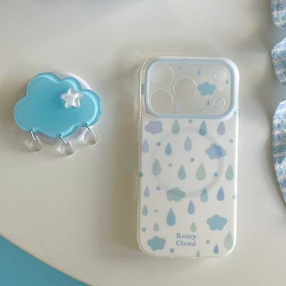 【グリップ付き】雨雲 しずく柄 クラウドグリップ Magnet内蔵 iPhoneケース｜ゆめかわ・韓国っぽ PCA #261292