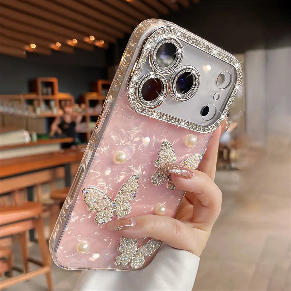 【ジュエリーバタフライ】キラキラ 蝶モチーフ×パール デコレーション スマホケース｜iPhone対応 #250424