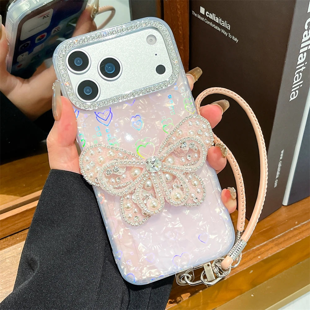 バタフライモチーフ iPhoneケース｜蝶々 パールビジューデザイン・ストラップ付き #240602