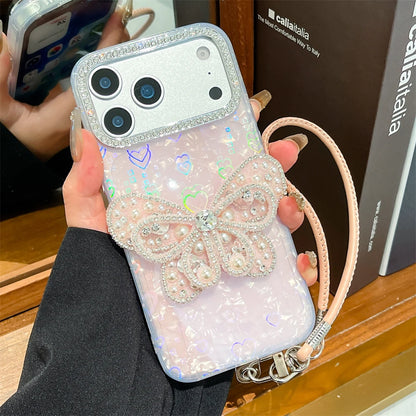 バタフライモチーフ iPhoneケース｜蝶々 パールビジューデザイン・ストラップ付き #240602
