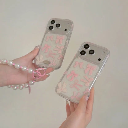 【リボンモチーフ】 クリア iPhoneケース 水玉模様 蝶結び付き ソフトシェル｜パールストラップ・淡色デザイン #230907