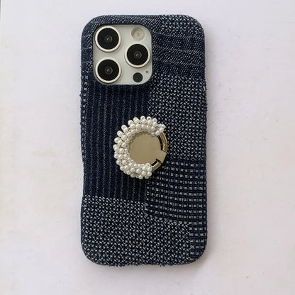 【デニムパール】ヴィンテージ デニム調 パール ビーズリング スタンド スマホケース｜iPhone対応 #250420