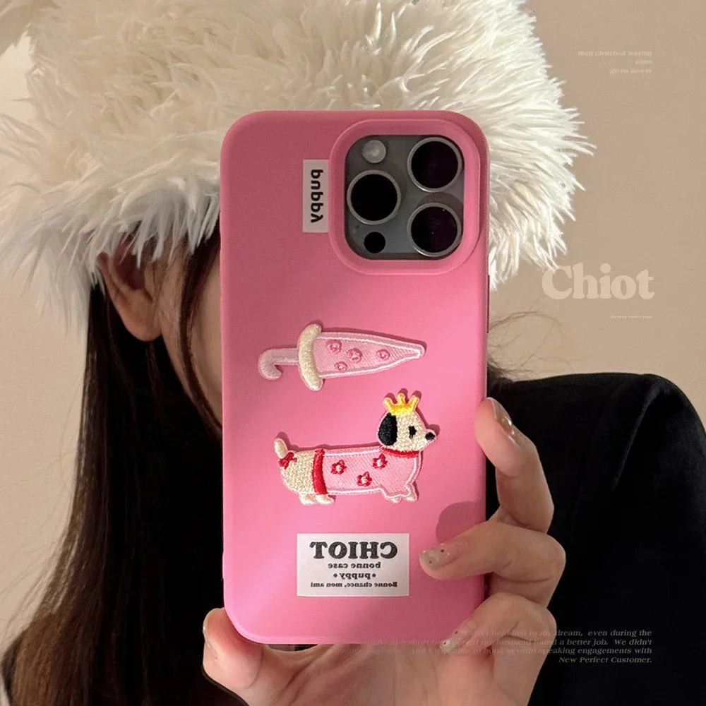 【ピンクパピークラウン】刺繍Dog 犬 × アンブレラ スマホケース｜iPhone対応 #250204