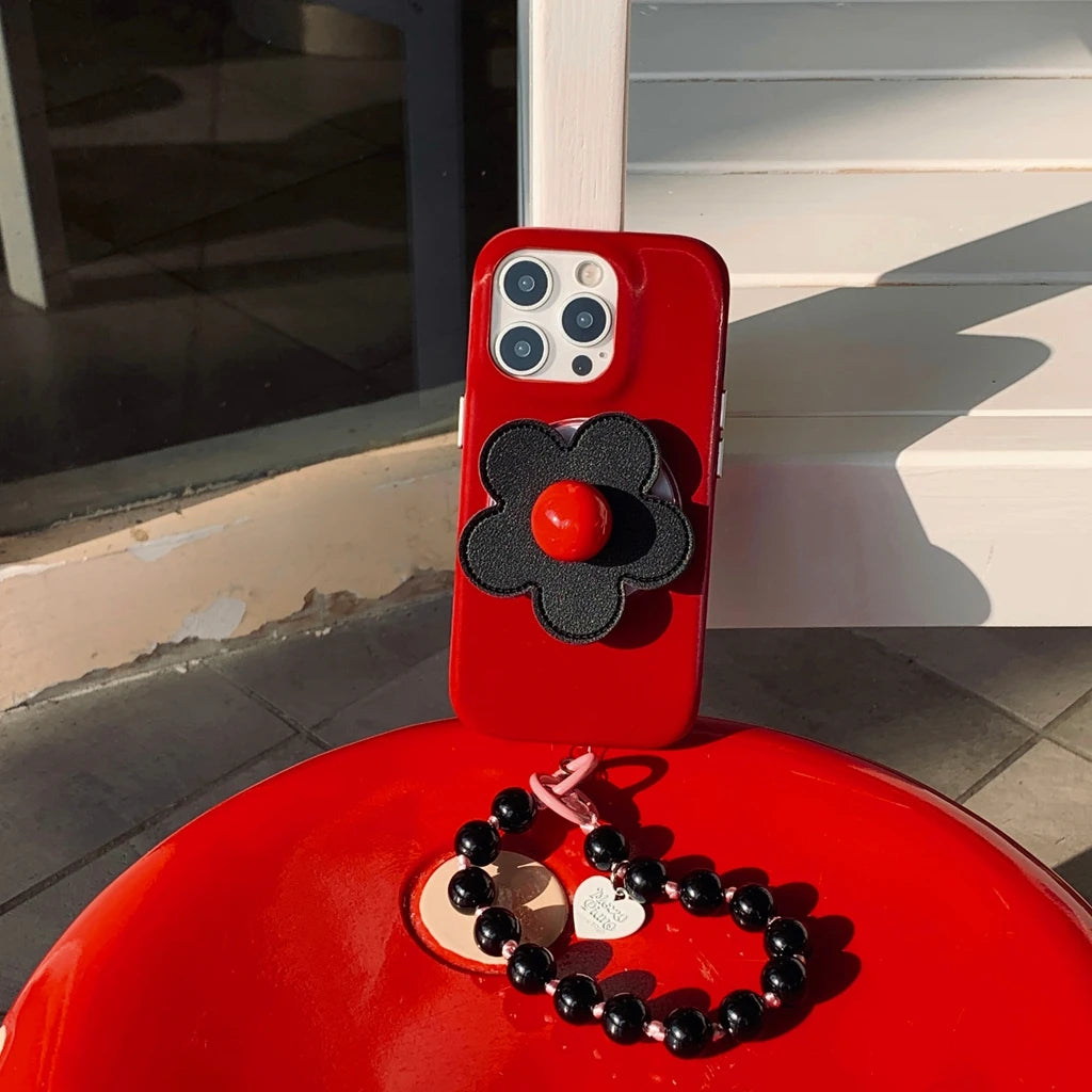 【フラワーシリーズ】立体レトロフラワー ビーズストラップ付き バイカラー スマホケース｜iPhone対応 #251001