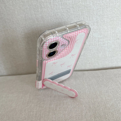 【ピンクギンガムチェック】リボン柄 折りたたみ式ホルダー付き スマホケース｜iPhone対応 #240622