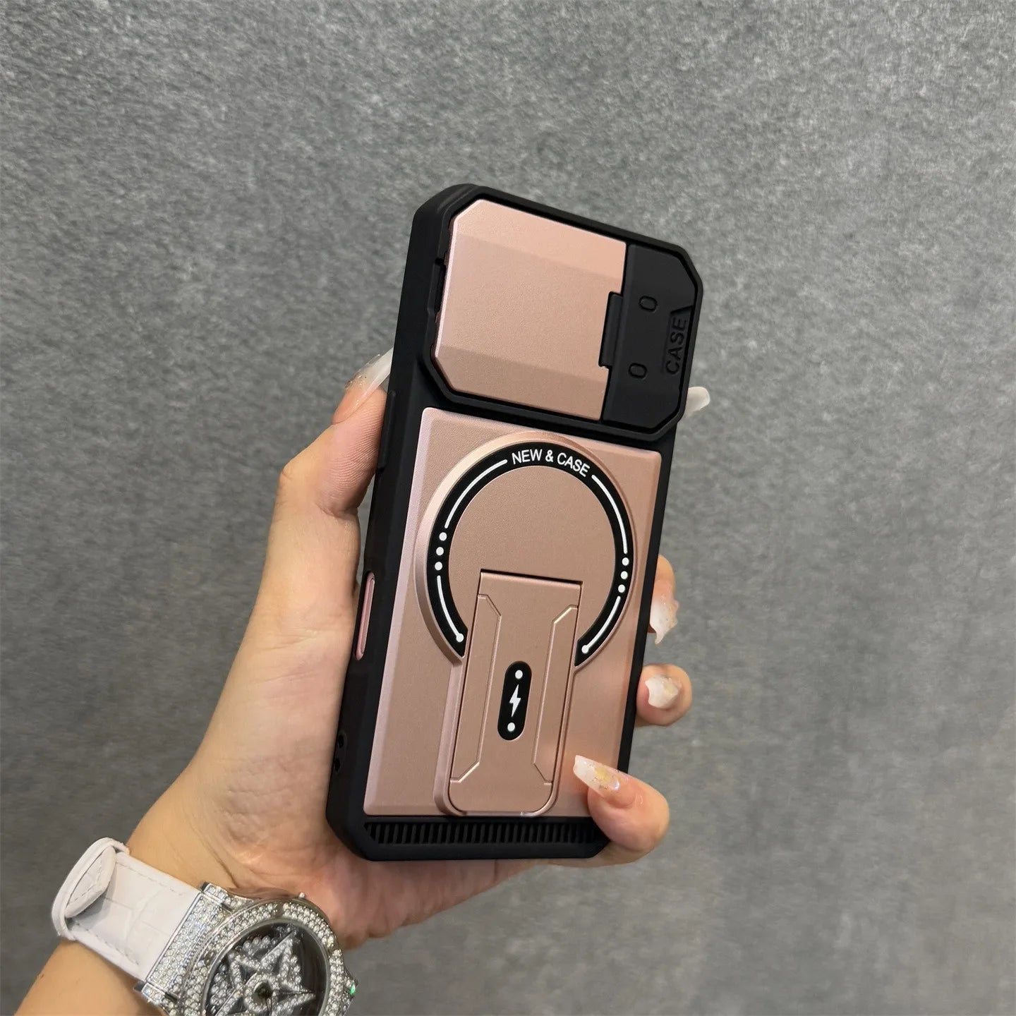 耐衝撃 iPhoneケース カメラカバー付き マグネット式リングスタンド 落下防止 スマホスタンド機能搭載 シンプルブラック｜iPhone対応 #250411