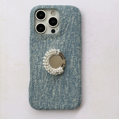 【デニムパール】ヴィンテージ デニム調 パール ビーズリング スタンド スマホケース｜iPhone対応 #250420