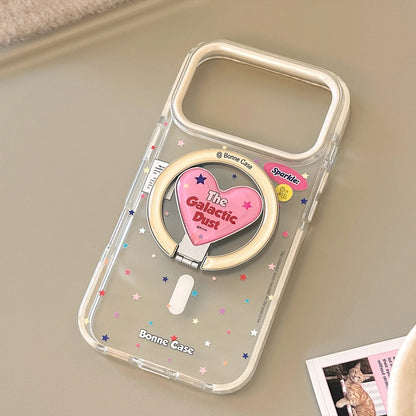 【マグネット式折りたたみハートスタンド付き】クリア カラフルスター ピンクハート スタンド スマホケース｜iPhone対応 #240630