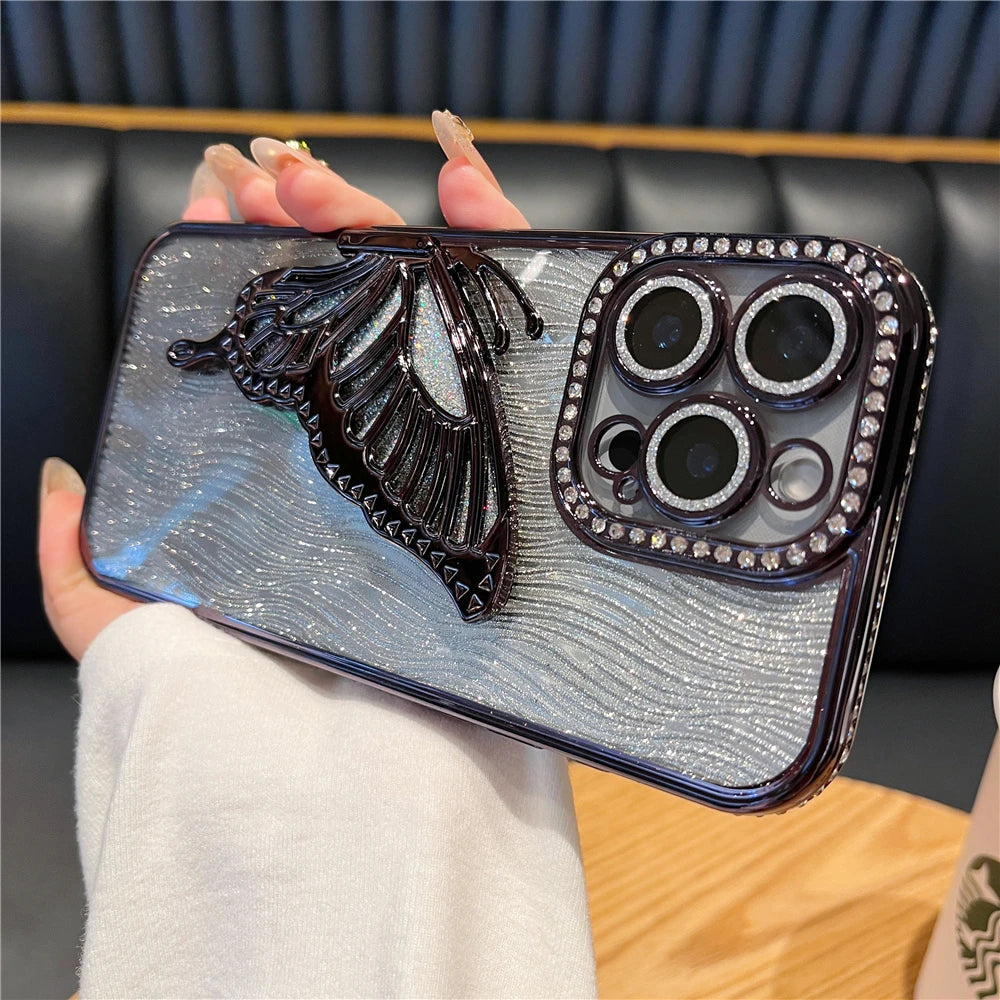 立体メタリック バタフライ iPhoneケース｜グリッター ラメ #240225