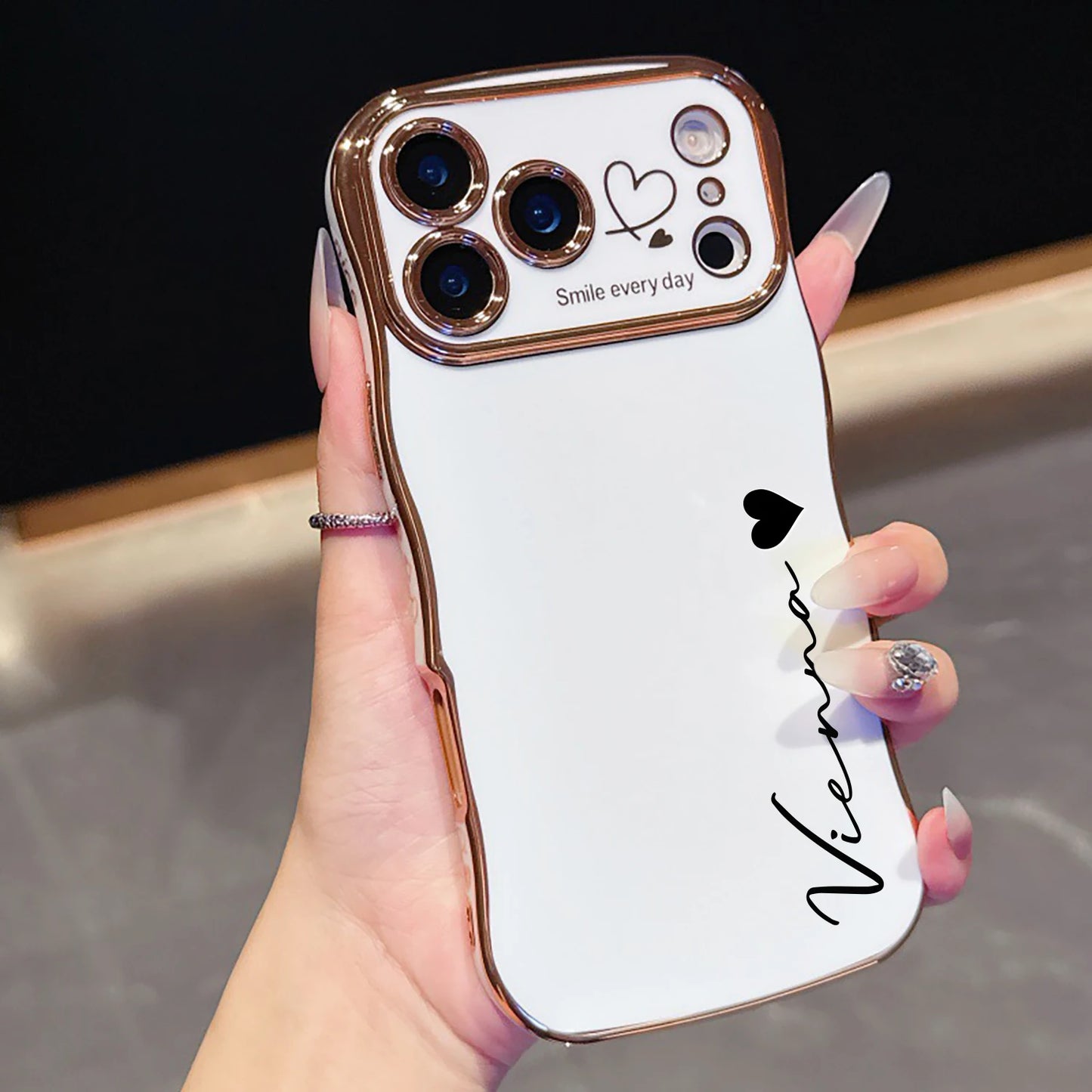 【カスタムシリーズ】ウェーブフレーム サイドハート 名入れ ソフトケース｜iPhone対応 #240714