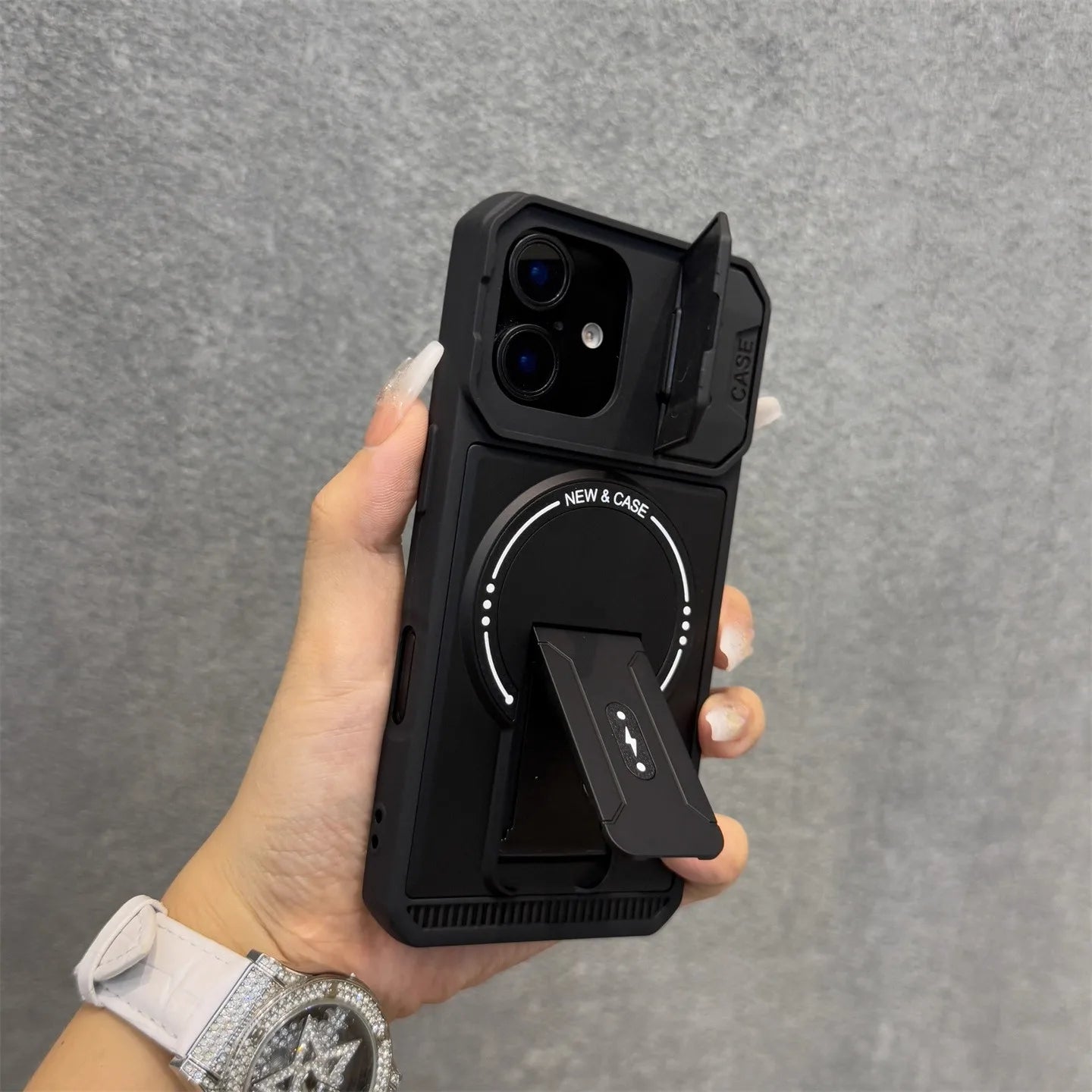 耐衝撃 iPhoneケース カメラカバー付き マグネット式リングスタンド 落下防止 スマホスタンド機能搭載 シンプルブラック｜iPhone対応 #250411
