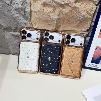 型押しレザー調 カードポケット付き ゴールドメッキ iPhoneケース｜エレガント #260031