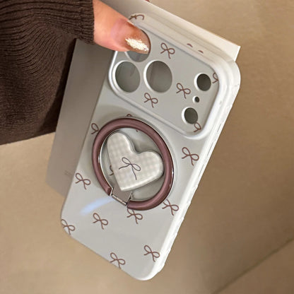 【マグネット式折りたたみハートスタンド付き】プチリボン柄 チェック ハートリング スマホケース｜iPhone対応 #240702