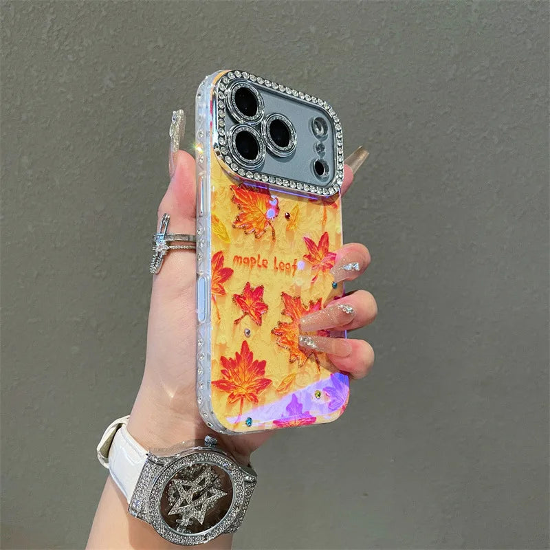 【メイプルリーフ】紅葉 クリア × ラメ オレンジ レンズ周りジュエリー ケース｜iPhone対応 #240917