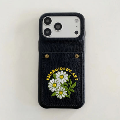 フラワー刺繍 ポケット付き レザー調 iPhoneケース #260613