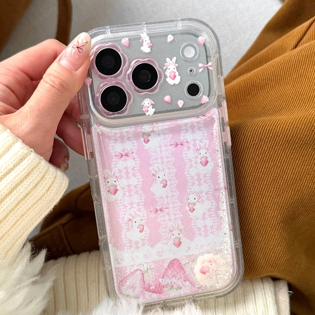 うさぎ＆いちご 流れるラメ iPhoneケース｜ピンク・ゆめかわデザイン #260033