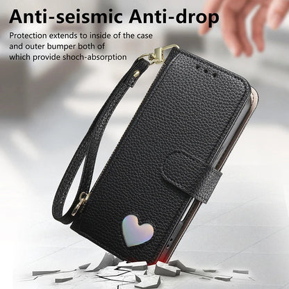 【ブックスタイル】ハートモチーフ レザー調 財布一体型 手帳タイプ iPhoneケース｜ショルダーストラップ付き #240205