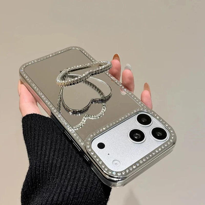 ビジューハート ミラー付き シルバー iPhoneケース #260611