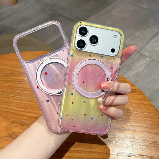 オーロラグラデーション 折りたたみリングスタンド カラフルドット iPhoneケース #230901