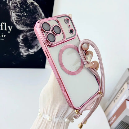 クロスボディストラップ メッキフレーム マグネット対応耐衝撃クリア iPhoneケース #261113