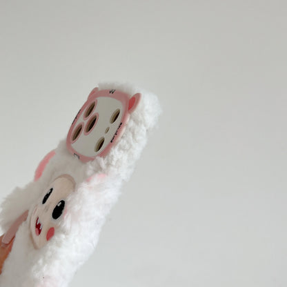 【アニマルフェイスシリーズ】ピンク＆ホワイト モンキー スマホケース｜ふわもこ立体デザイン × 尻尾付き｜iPhone対応 #241129