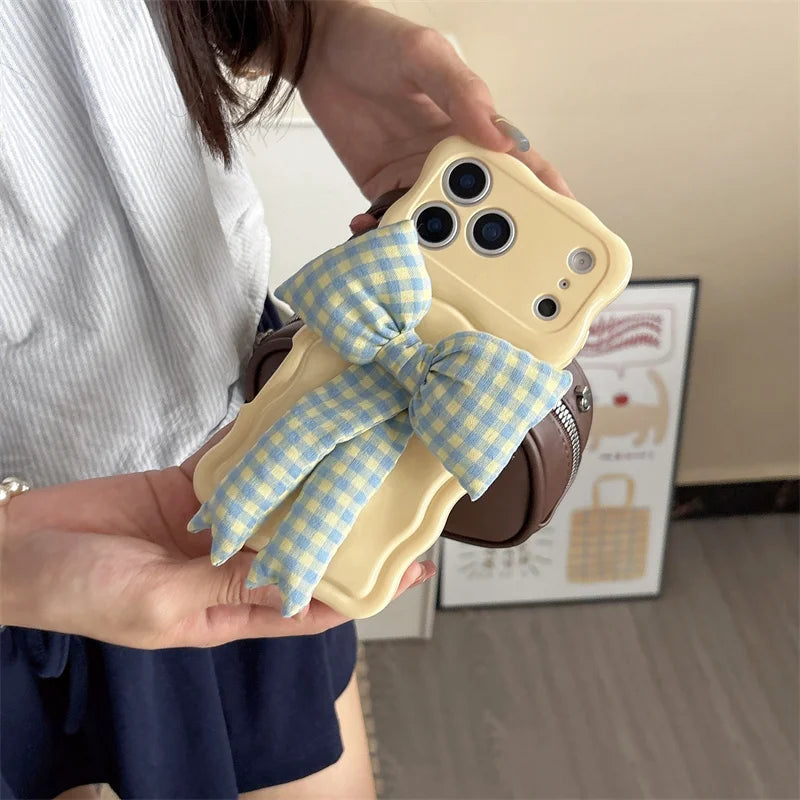 【ウェーブフレーム】ぷっくり 立体 ギンガムチェックリボン スマホケース｜iPhone対応 #241230