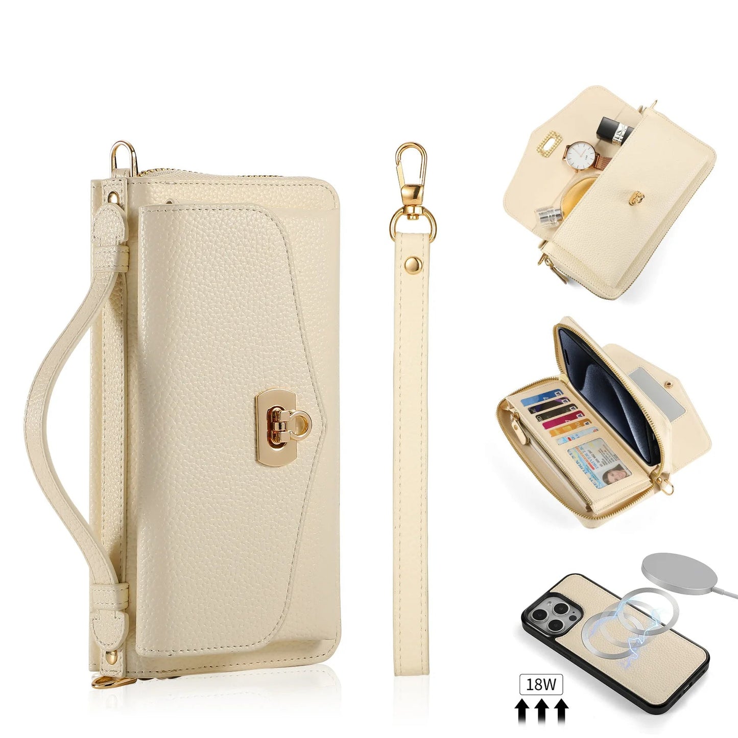 【ウォレットスタイル】財布一体型 分離式レザー調 ブックスタイル 手帳型 iPhoneケース｜ラウンドファスナー・ショルダー対応 #240204