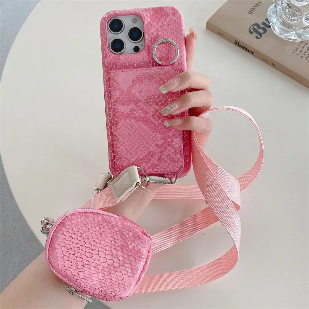 【スネークシリーズ】ヘビ柄 高見え ショルダーストラップケース ＋ カード収納 ミラー ミニポーチ #240916