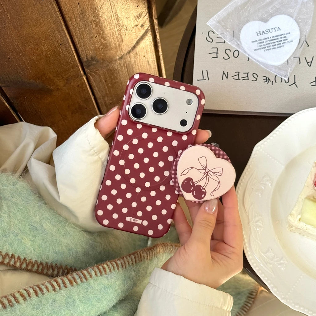 チェリーハート グリップ付き ドット 水玉 デザイン iPhoneケース #240513