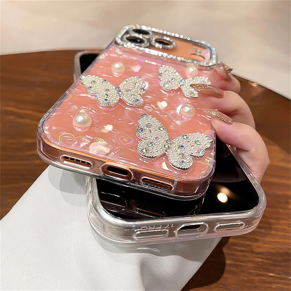 【ジュエリーバタフライ】キラキラ 蝶モチーフ×パール デコレーション スマホケース｜iPhone対応 #250424