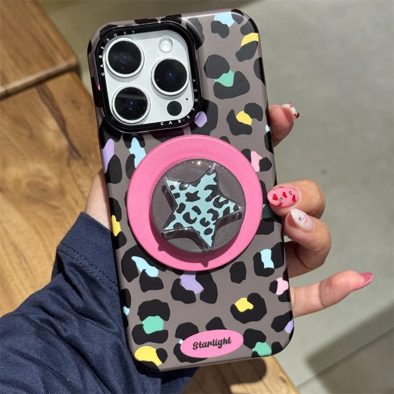 カラーレオパード柄 スターグリップ付き iPhoneケース｜Magnet内蔵 #231129