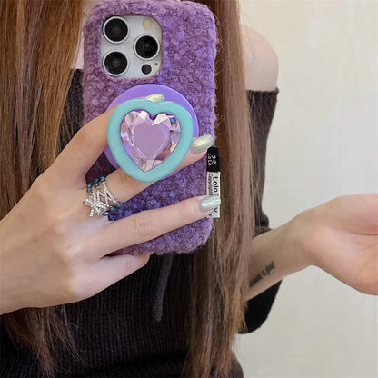 【Magnet内蔵】立体ハートジュエルポップソケット × もこもこファー スマホケース｜iPhone対応 #241214