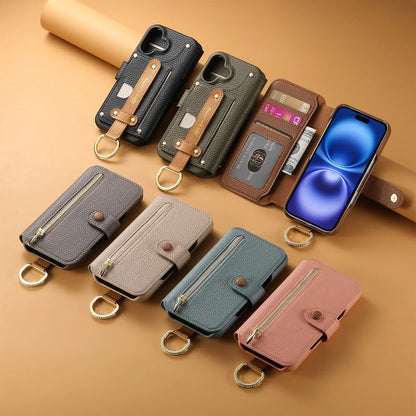 【ブックスタイル】キーリング付き レザー調 財布一体型 手帳型 iPhoneケース｜ファスナー収納・多色展開 #240128