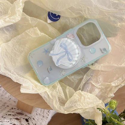 【貝殻モチーフ×夏の海デザイン】シェル＆スターフィッシュ付きクリアケース｜iPhone対応 #250514