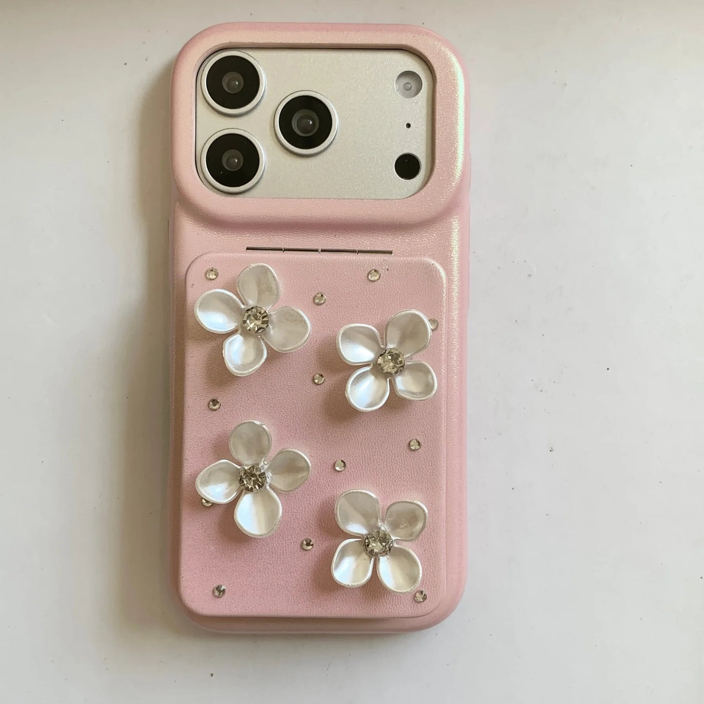 フラワーデコ パール・上品ガーリー フリップミラー付き iPhoneケース #231105