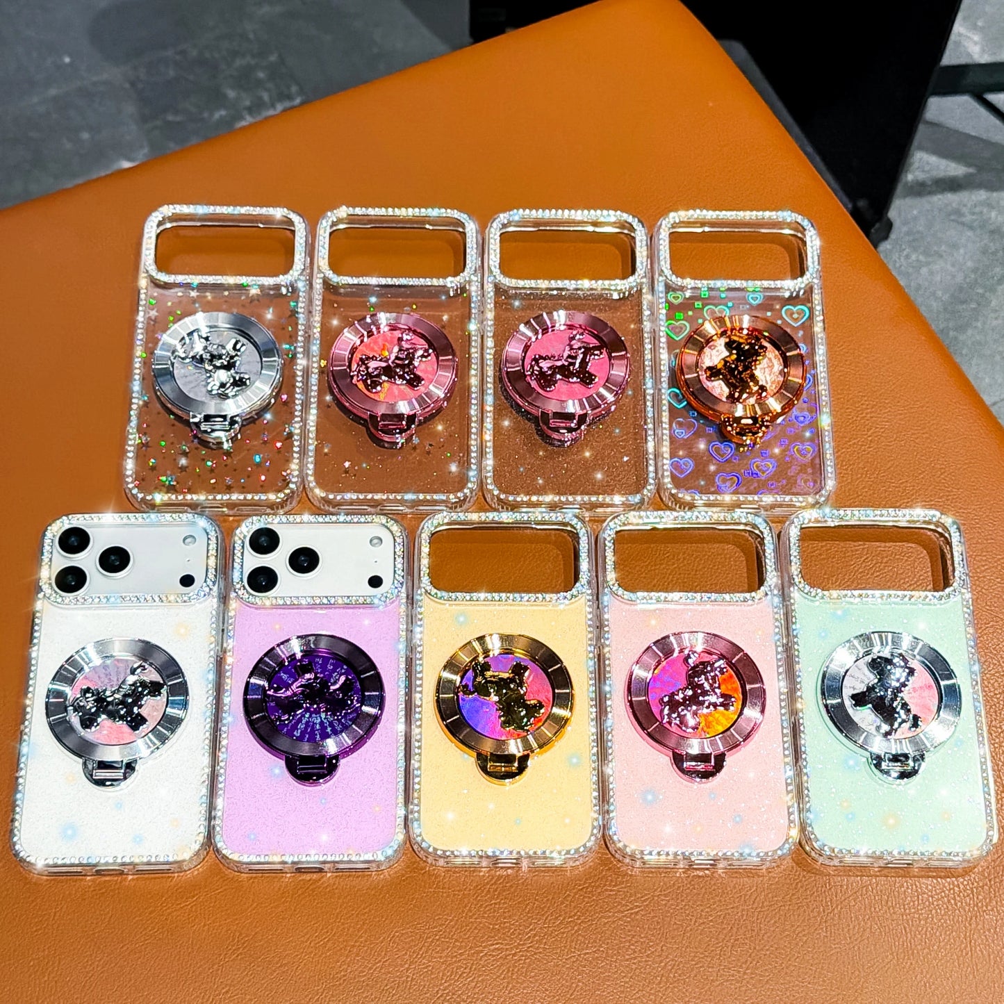 くるくる回る ユニコーン 馬 リングスタンド付き ホログラムラメ iPhoneケース #240511