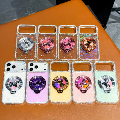 くるくる回る ユニコーン 馬 リングスタンド付き ホログラムラメ iPhoneケース #240511