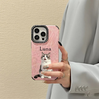 【カスタムNAMEシリーズ】ペット写真 × カスタム ネーム 印字 ピンクレオパード スマホケース｜iPhone対応 #241006