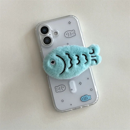 【Magnet内蔵】ふわふわ 3D フィッシュファー ポップスタンド × クリアデザイン スマホケース｜iPhone対応 #241226