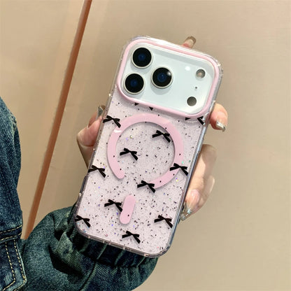 【Magnet内蔵】ハート型 リングスタンド付き グリッター×リボン柄 スマホケース｜iPhone対応 #250310