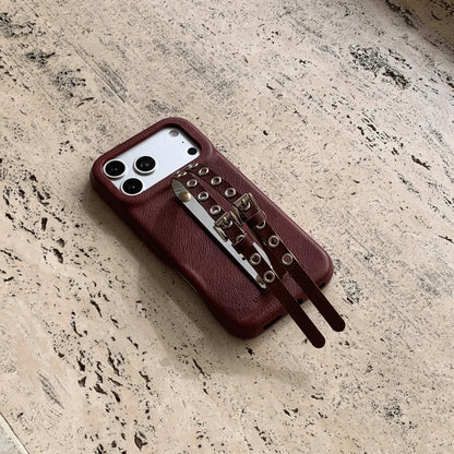 【レザーベルトデザイン】ヴィンテージ風 ダブルハンドストラップ スマホケース｜iPhone対応 #240707