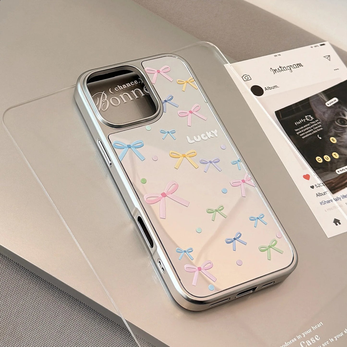 パステル カラフルリボン ミラー風 iPhoneケース｜韓国ガーリー・淡色デザイン #230813