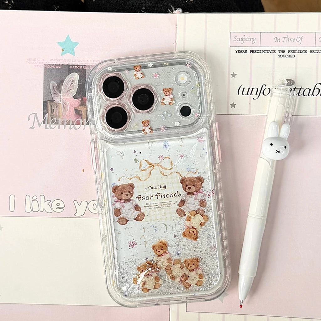 くま フラワー 流れるラメ iPhoneケース｜透明感クリア・ゆめかわデザイン #260040