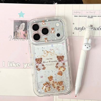くま フラワー 流れるラメ iPhoneケース｜透明感クリア・ゆめかわデザイン #260040