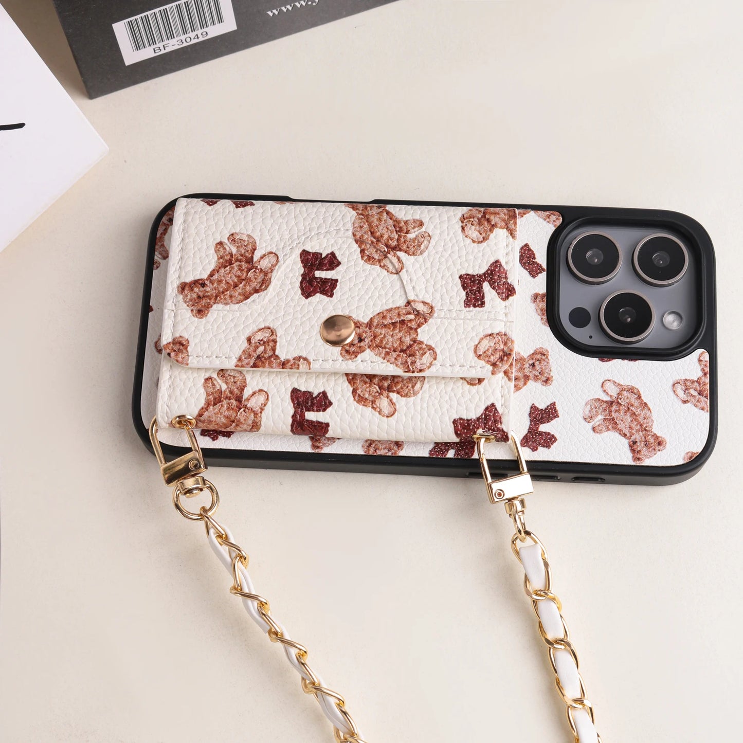ベア柄 カードポケット付き チェーンショルダー iPhoneケース｜収納・高見えデザイン #231014