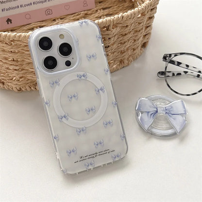 【淡ブルーリボン×グリップ付き】ガーリー 透明クリアケース｜iPhone対応 #250510