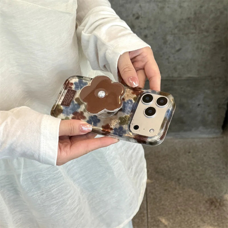 【フラワーパールスタンド】マーブル調×花柄 レザーチャーム付き スマホケース｜iPhone対応 #250312