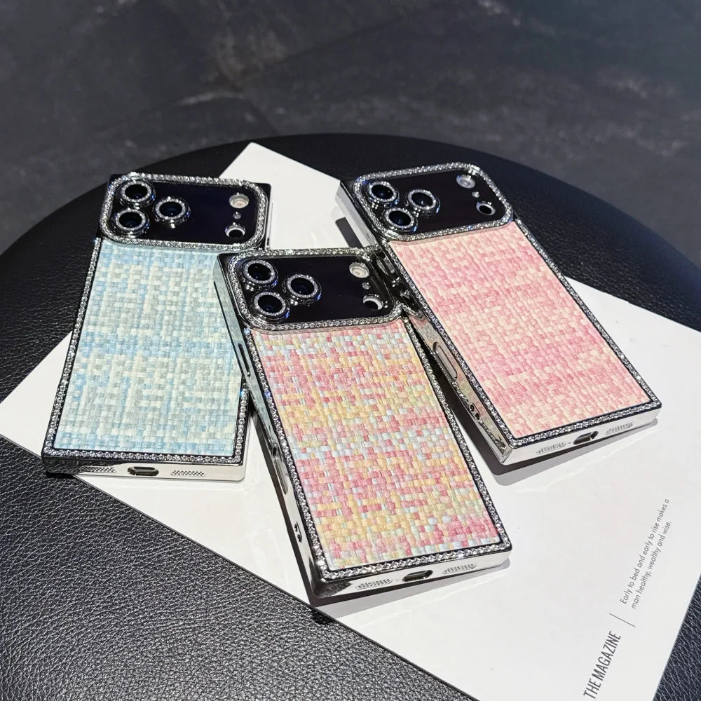 【スクエアシリーズ】ツイードジュエル ラインストーン 高級感 ツイード調 スマホケース｜iPhone対応 #250302