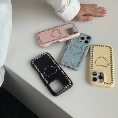 【ハートスタッズシリーズ】レザー・デニム調 シルバー スタッズ スマホケース｜iPhone対応 #251205